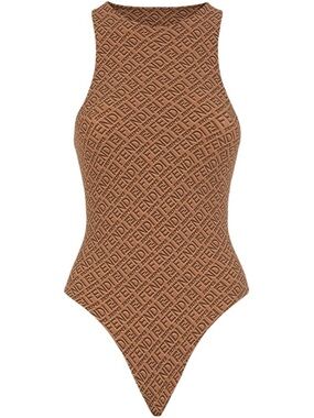 Fendi Brown Tonal Logo High-Neck One-Piece Swimsuit
